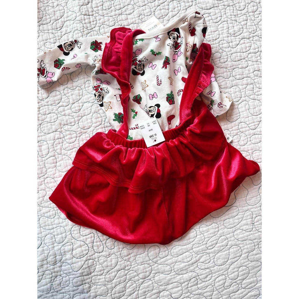 Disney Baby Minnie Mouse Christmas Red Velvet Skirt Bodysuit Set 0-3M
